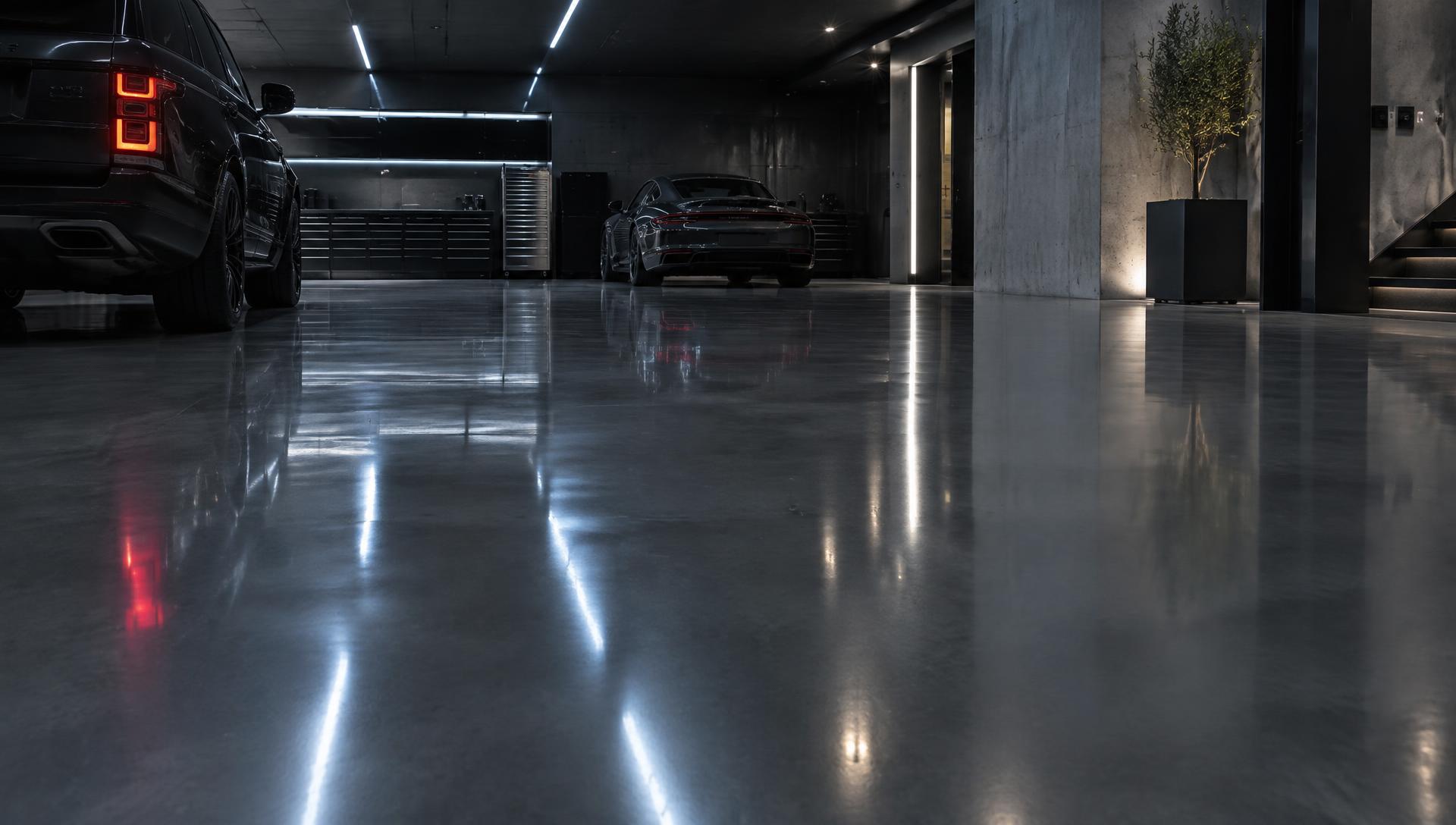 Sjajni tamni epoxy pod u modernoj garaži sa refleksijama svetla